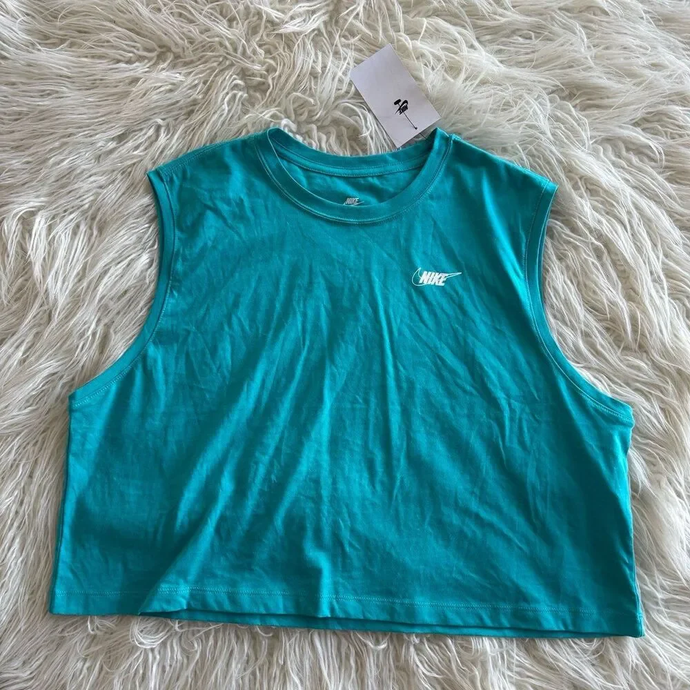 Nike Club Sleeveless Crop Logo Tee Dusty Cactus Size Large